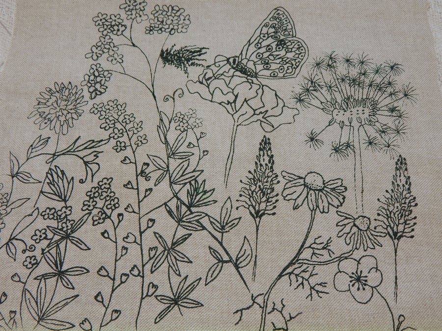 Butterfly and Hedgerow flower - Screen print on beige cotton - 25cm x 25cm