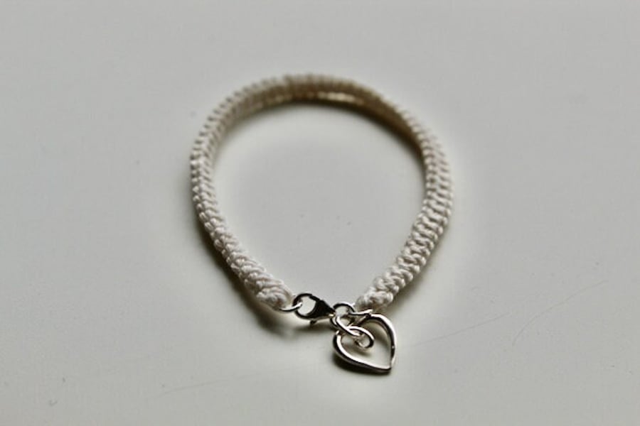 Cream Cotton Bracelet with Silver Swirl Heart, Cotton Anniversary Gift for Her