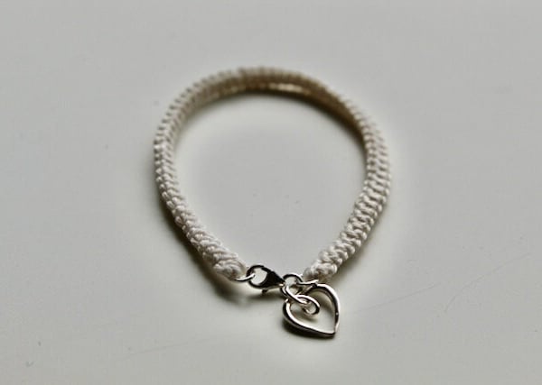 Cream Cotton Bracelet with Silver Swirl Heart, Cotton Anniversary Gift for Her