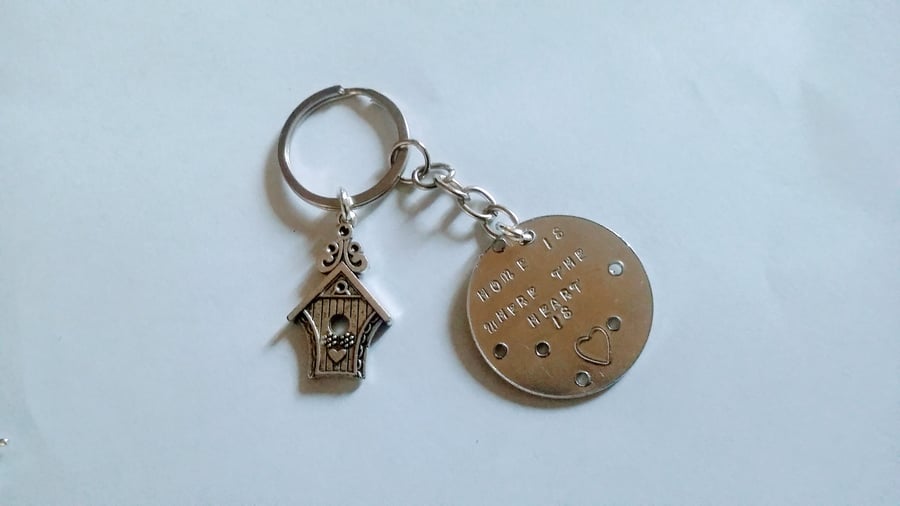 Home is where the heart is keyring hand stamped