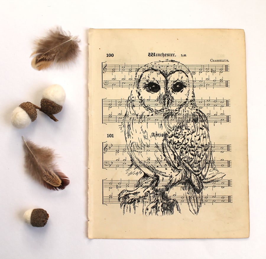 Barn Owl Gocco Print on Vintage Sheet Music, Bird Print