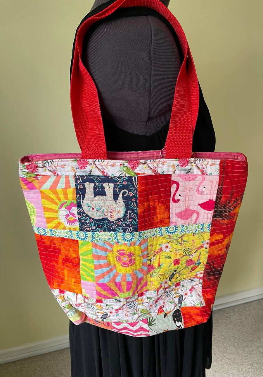 Tropical Tote Bag with Red Handles