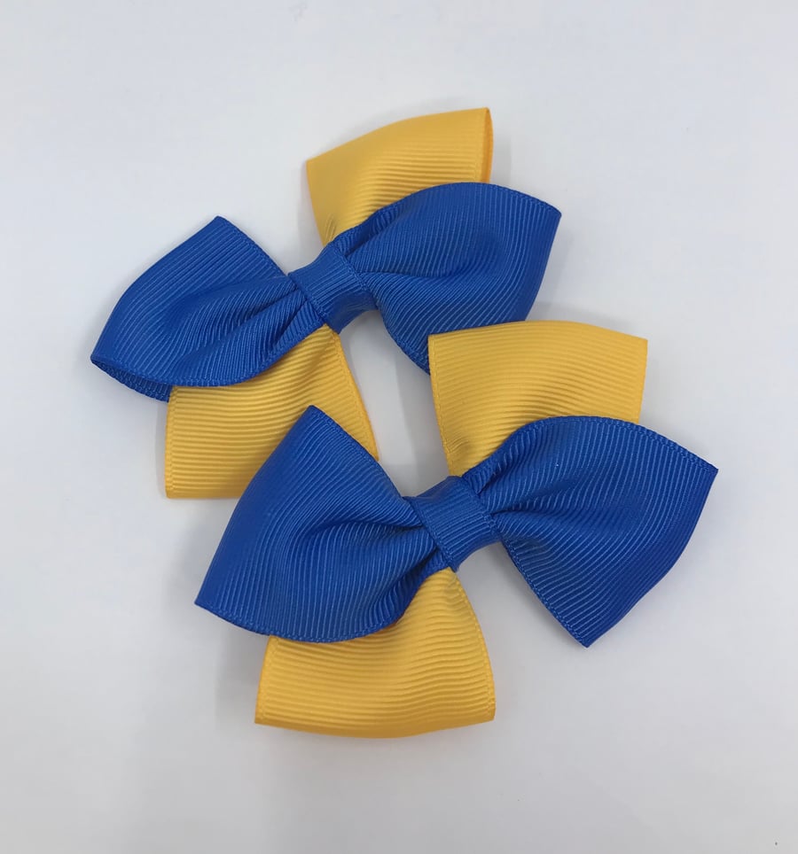 Royal Blue and Yellow Gold Diagonal Double with Bows on Clips (pair)