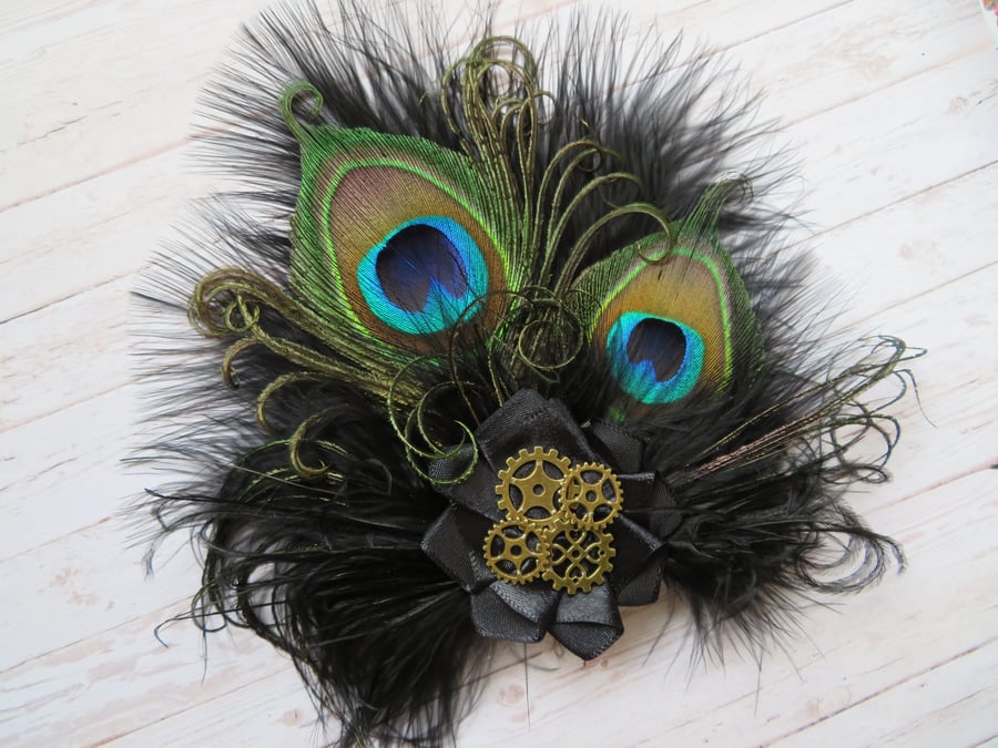 Black Peacock Feather Steampunk Fascinator Hair Clip