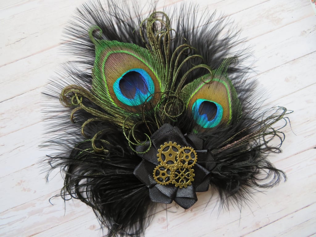 Black Peacock Feather Steampunk Fascinator Hair Clip