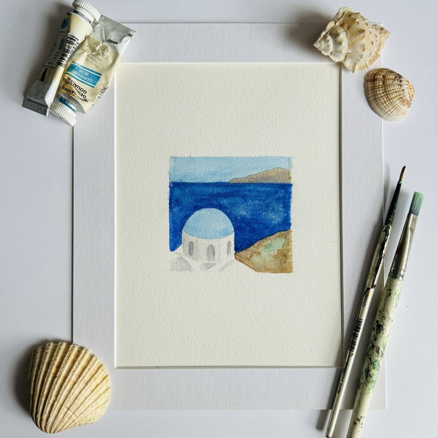 Greek watercolour church and sea