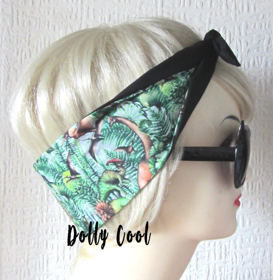 Dinosaur Hair tie - Tropical Palms Ferns - Head Scarf Band Wrap by Dolly Cool - 