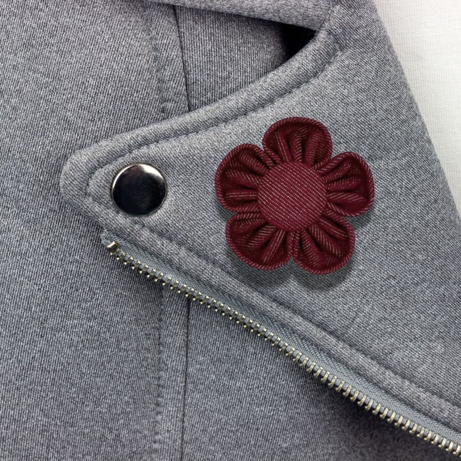 Dark Red Denim Kanzashi Brooch with Fabric Button Centre 