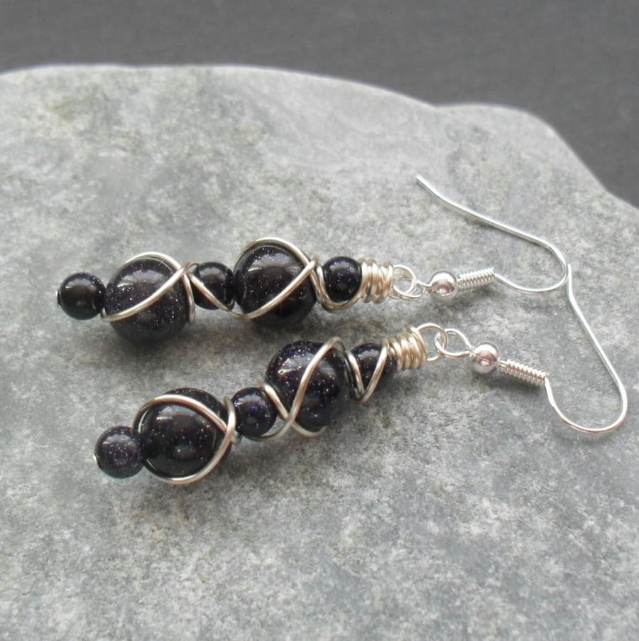 Wire Wrapped Blue Goldstone Silver Plated Drop Earrings