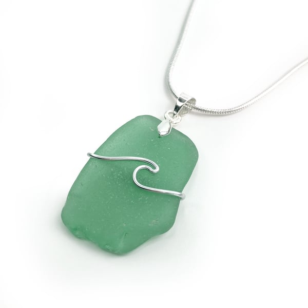 Sea Glass Pendant - Green Beach Glass, Silver Handmade Wave Necklace Jewellery