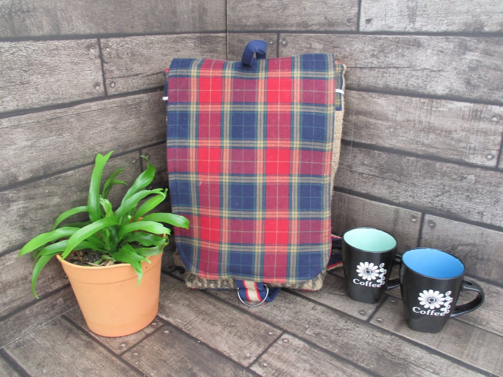Eco Rucksack -  Handmade from Sustainable Materials - Red and blue check