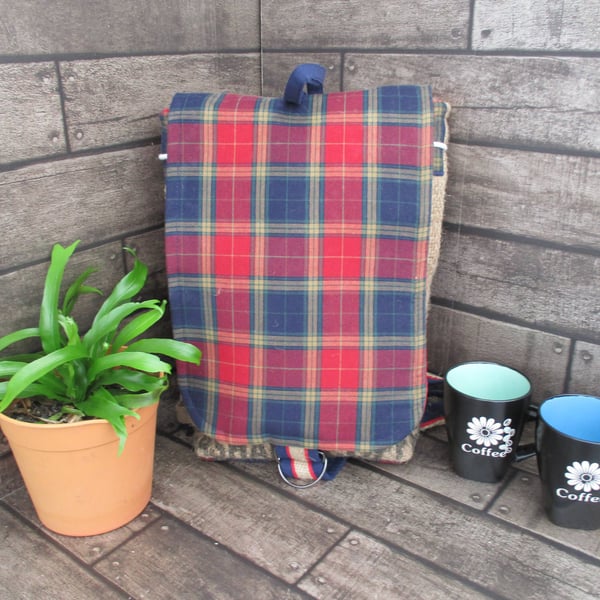 Eco Rucksack -  Handmade from Sustainable Materials - Red and blue check