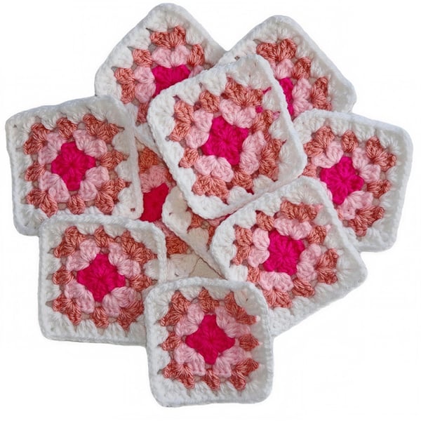 Handmade 3" Pastel Peach & Blush Pink Crochet Granny Squares - Boho Patchwork