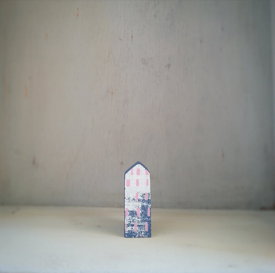 Miniature Wooden House, Blue and White, House Sculpture, 5th Anniversary 