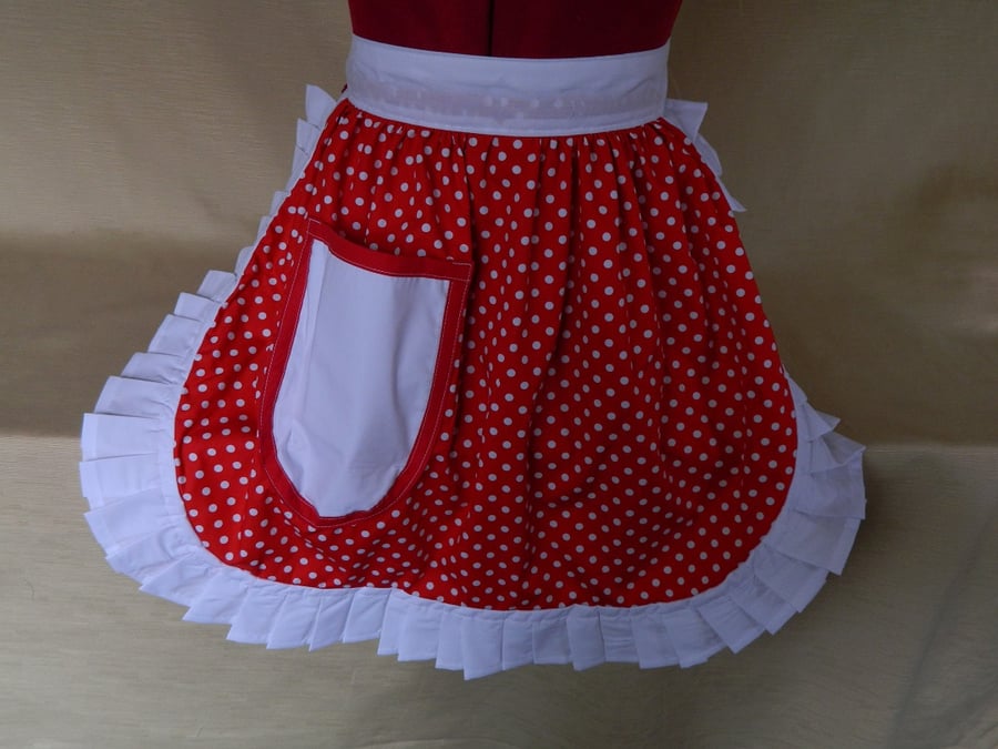 Vintage 50s Style Half Apron Pinny - Red & White Polka Dot with White Trim