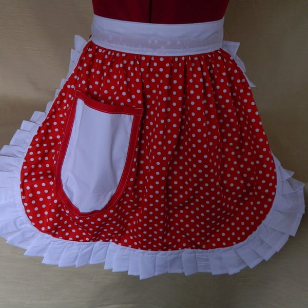 Vintage 50s Style Half Apron Pinny - Red & White Polka Dot with White Trim