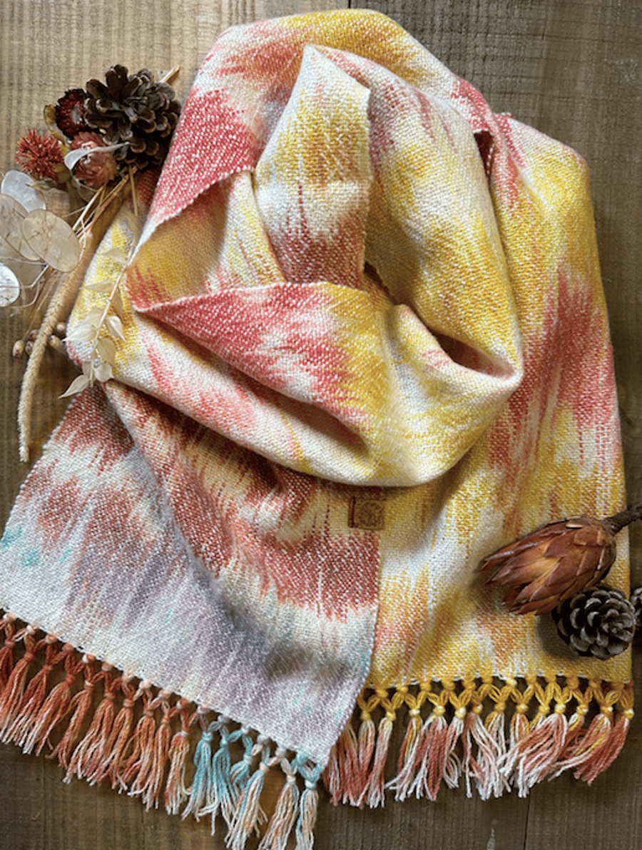 British Lambswool Scarf in Burnt Orange & Yellow Hand Painted & Woven Scarf