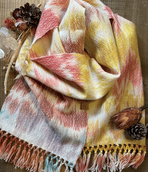 British Lambswool Scarf in Burnt Orange & Yellow Hand Painted & Woven Scarf