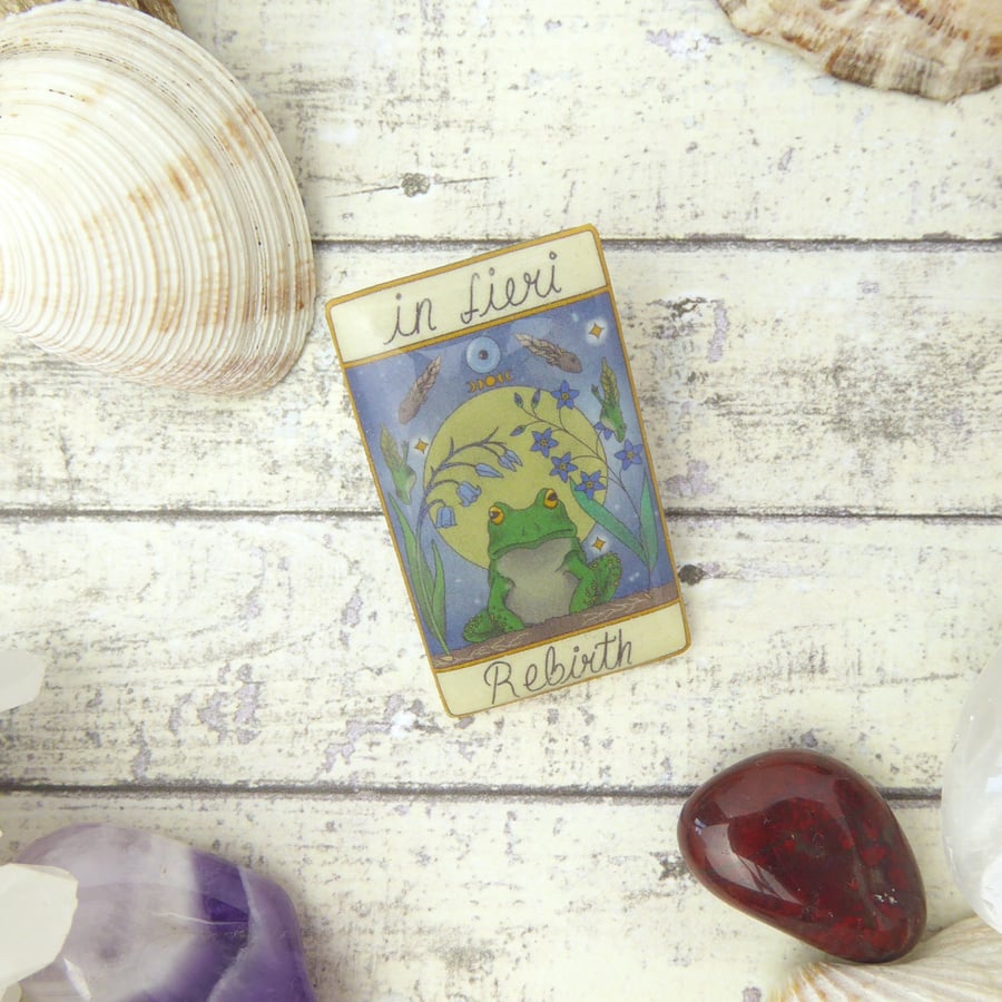 Frog Tarot Card Pin, Shrink Plastic Tarot Badge, Cottagecore Froggy Rebirth 