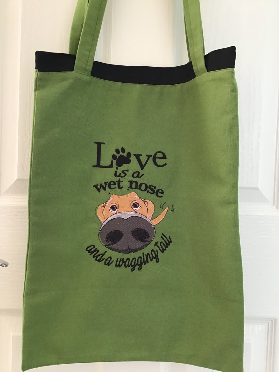 Tote bag with dog. Green,  Reduced was10.00 now 7.00
