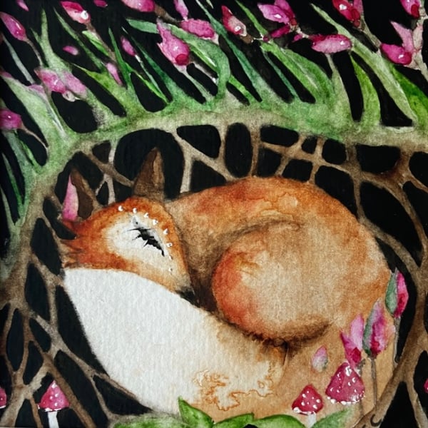 Mounted Original Resting Fox with Pink Flowers Watercolour 