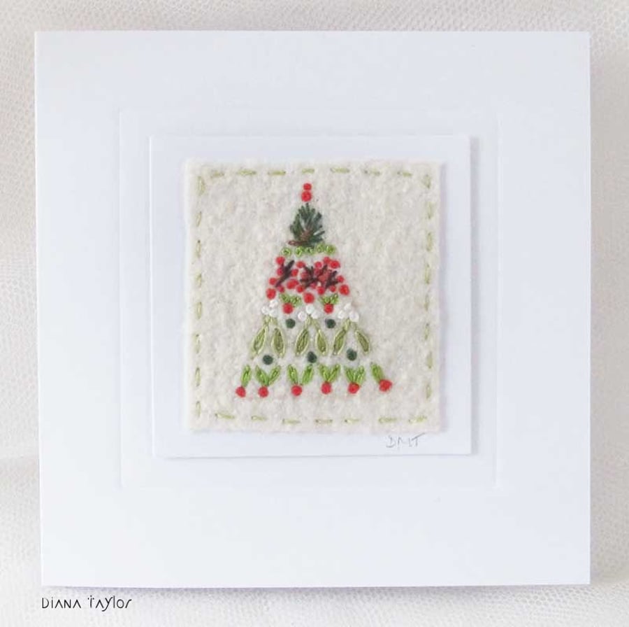 HAND EMBROIDERED CHRISTMAS TREE CARD WINTER FOLIAGE