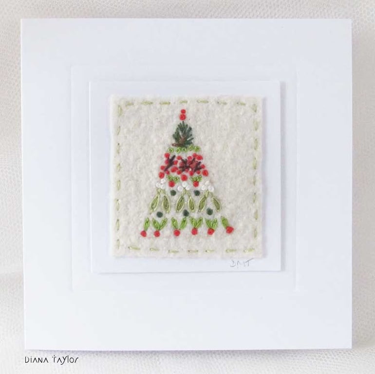 HAND EMBROIDERED CHRISTMAS TREE CARD WINTER FOLIAGE