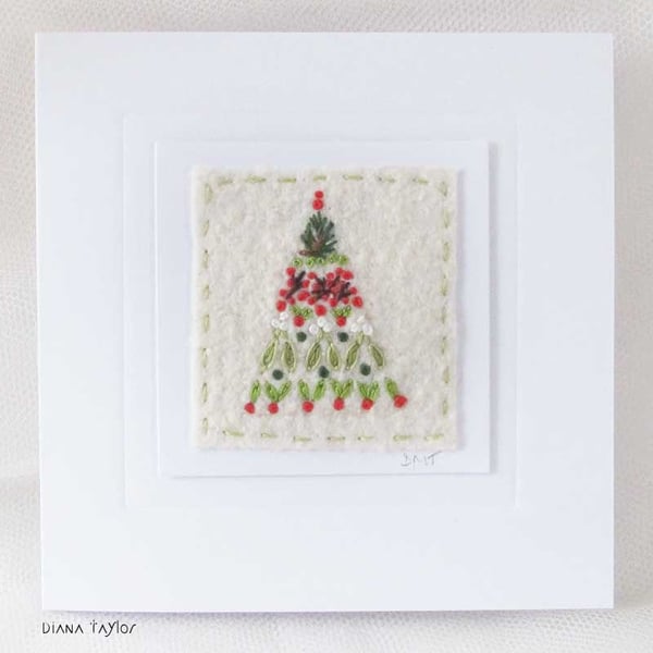 HAND EMBROIDERED CHRISTMAS TREE CARD WINTER FOLIAGE