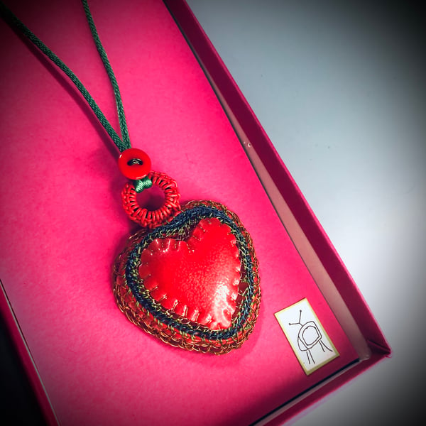 Large red rubber and wire heart pendant from recycled materials