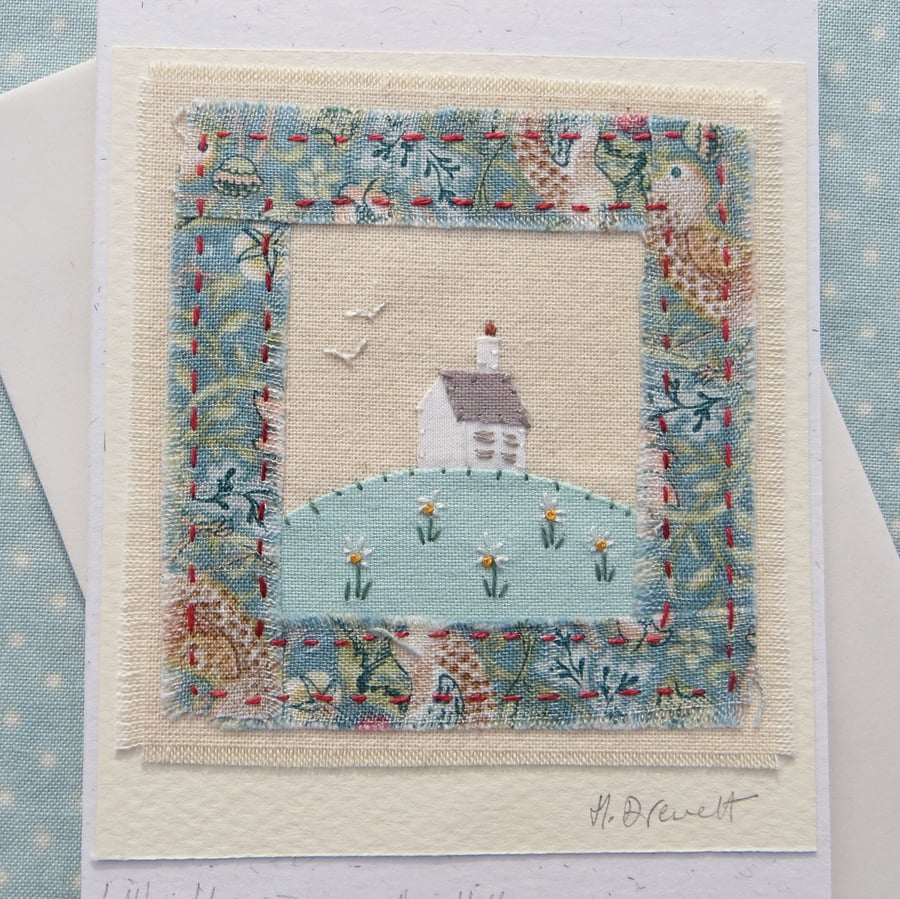 Miniature finely hand-stitched textile on card,detailed work with pretty fabrics