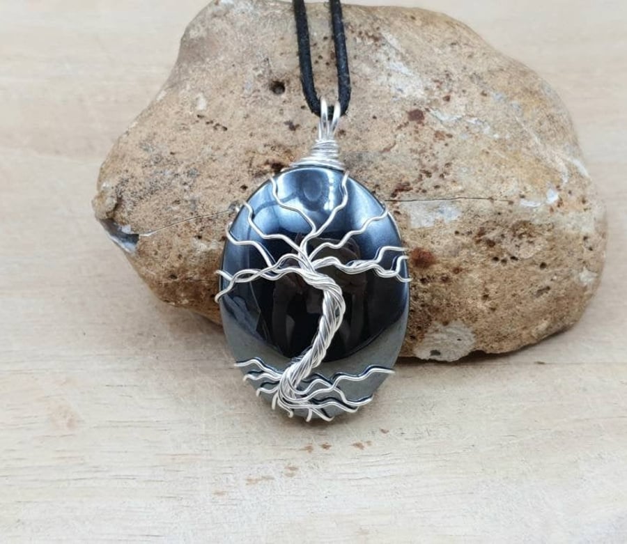 Wire Wrap Hematite tree of life pendant necklace