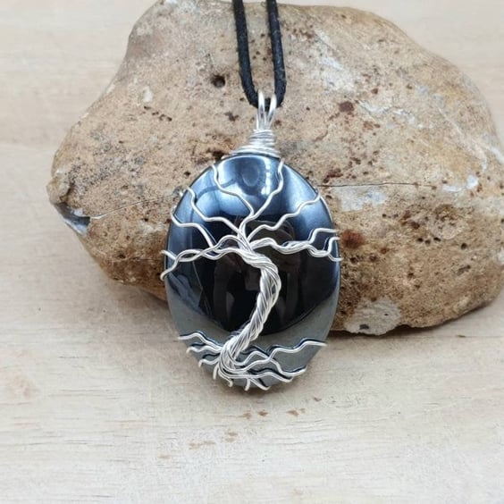 Wire Wrap Hematite tree of life pendant necklace