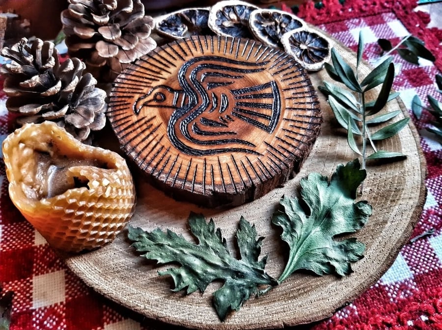 Viking Raven Huginn and Muninn 2x Natural Wooden Altar Slices with Natural Bark
