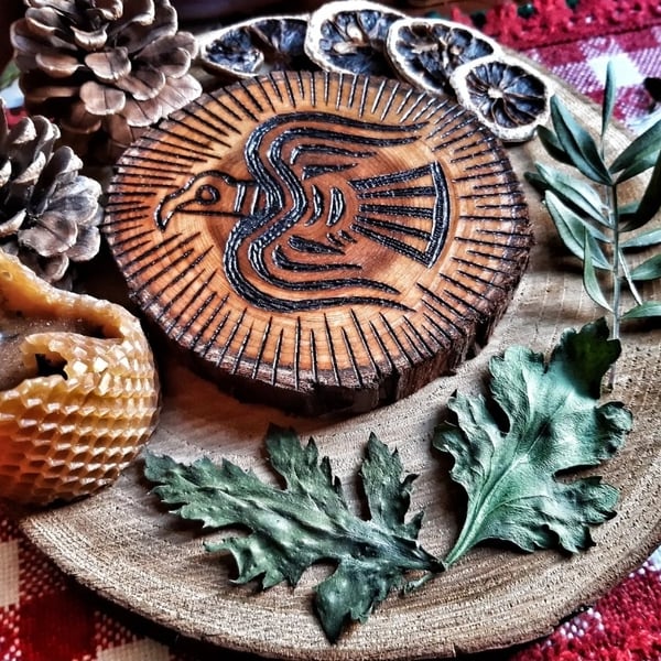 Viking Raven Huginn and Muninn 2x Natural Wooden Altar Slices with Natural Bark