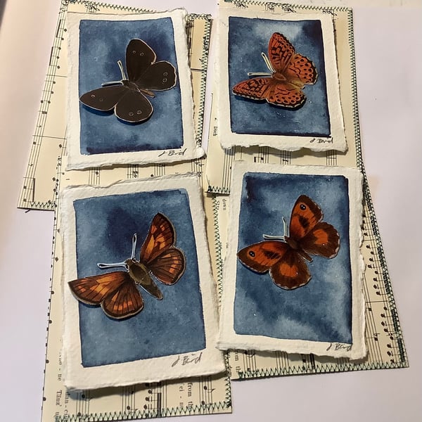 Four small butterfly postcards and envelopes. Handmade. Vintage. 