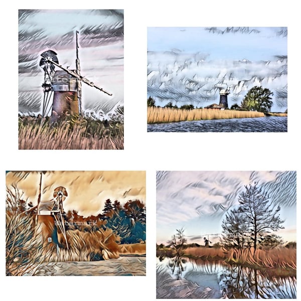  Pack of 4  Windmills On The Norfolk Broads Blank Cards Unique Designs A5 Size.