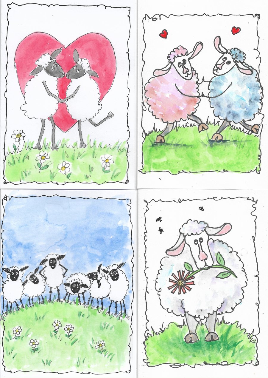 Set of 4 fun Sheep Greeting Cards. Print of original paintings