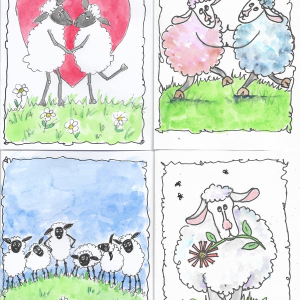 Set of 4 fun Sheep Greeting Cards. Print of original paintings