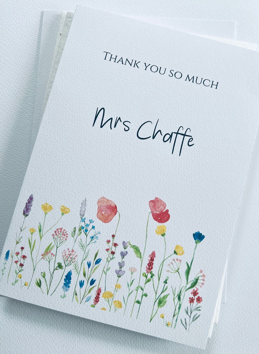 Large A5 Thank you card personalised white texture with floral wildflower border
