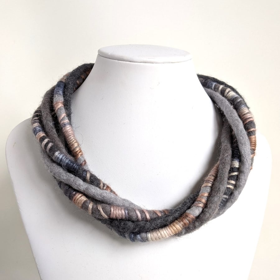 The Wrapped Twist: felted cord necklace in greys and fawns