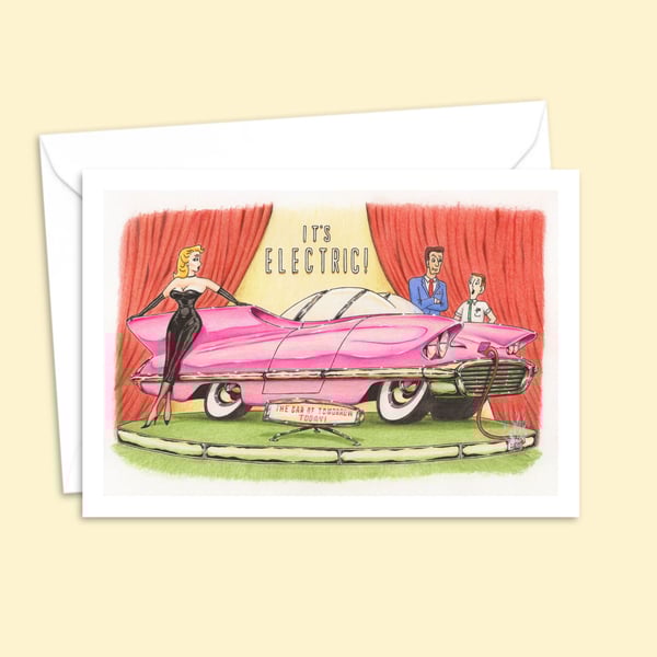 Retro Style Greeting Card: Hand Drawn Electric Car Cartoon - Blank Inside (327)