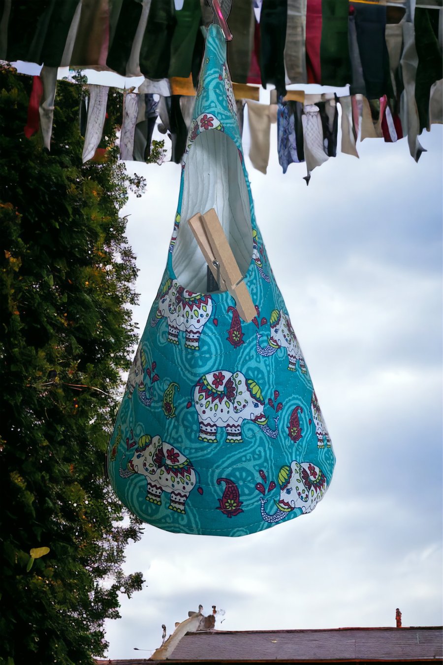 Quilted Handmade Peg Bag in turquoise featuring Indian style paisley Elephants 