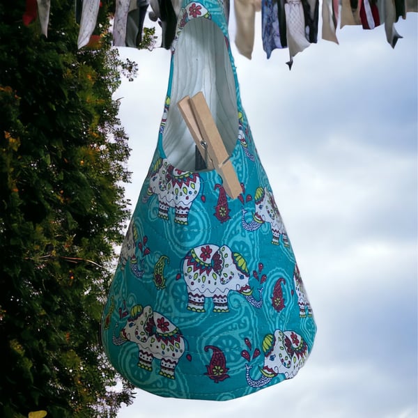 Quilted Handmade Peg Bag in turquoise featuring Indian style paisley Elephants 