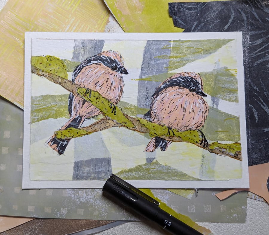 Mixed media collage of two long tailed tits