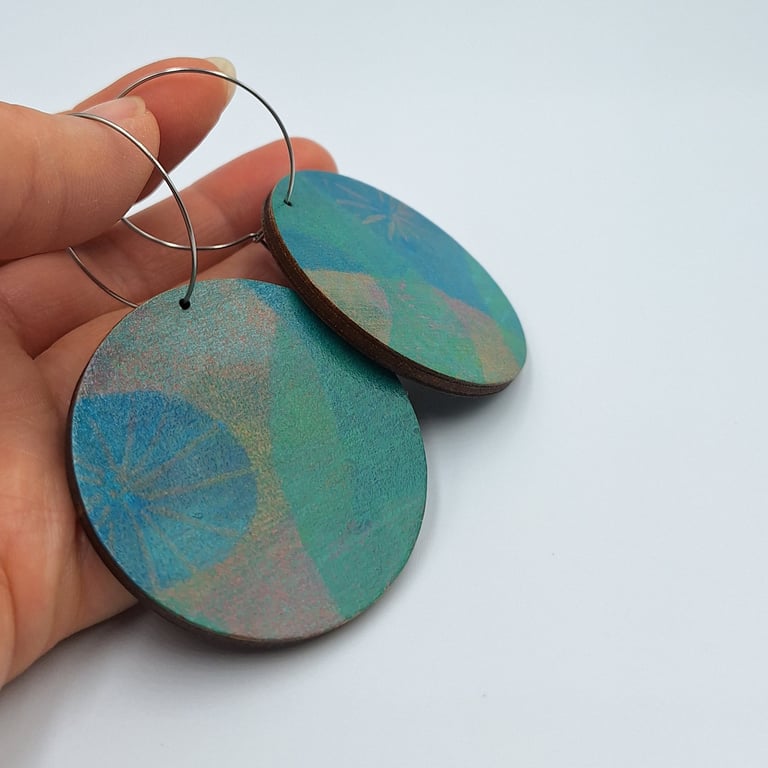 Green, blue and mauve abstract printed dangly earrings