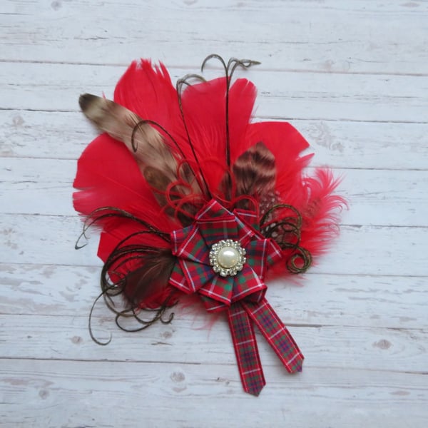 Red and Brown Fraser Tartan Feather Ivory Pearl & Diamante Brooch 