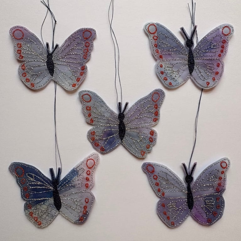 Embroidered Butterfly Hanging Christmas Decorations Lavendar Purple (Set of 5)