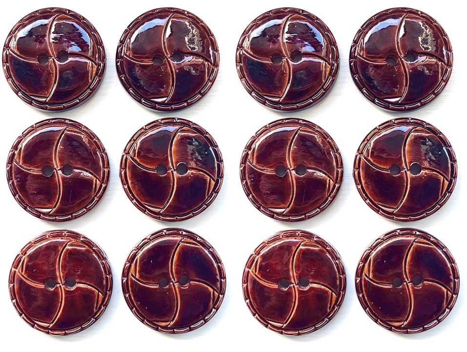 Bags of 12 Quartered Design Buttons, Large 25mm Wide, Brown Glossy Finish