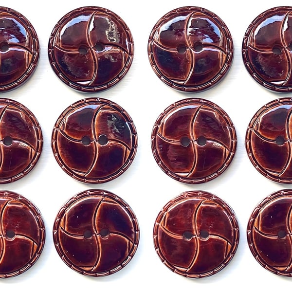 Bags of 12 Quartered Design Buttons, Large 25mm Wide, Brown Glossy Finish