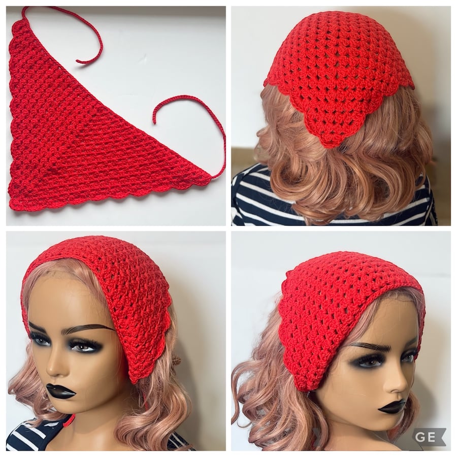  Red Granny Stitch Bandana - cottagecore Hair Wrap - Retro 70s Style Headwear”